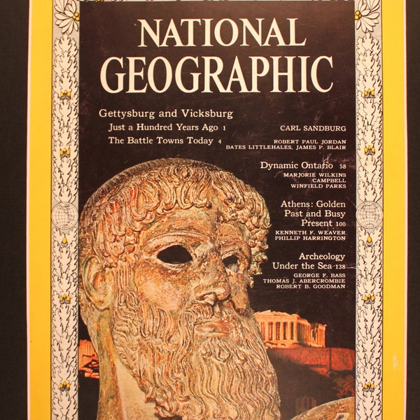 Partenón y dios griego, portada de National Geographic de 1963, Atenas, Grecia, historia griega.
