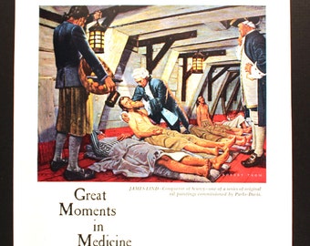 1961 Great Moments in Medicine James Lind cures scurvy Magazine Advertisement
