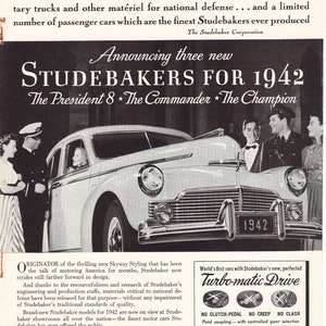 1942 Studebaker President/ Commander/ Champion Magazine Advertisement/ vintage ad/automotive art/ automobile decor /cool men&#39;s gift/ 1940&#39;s