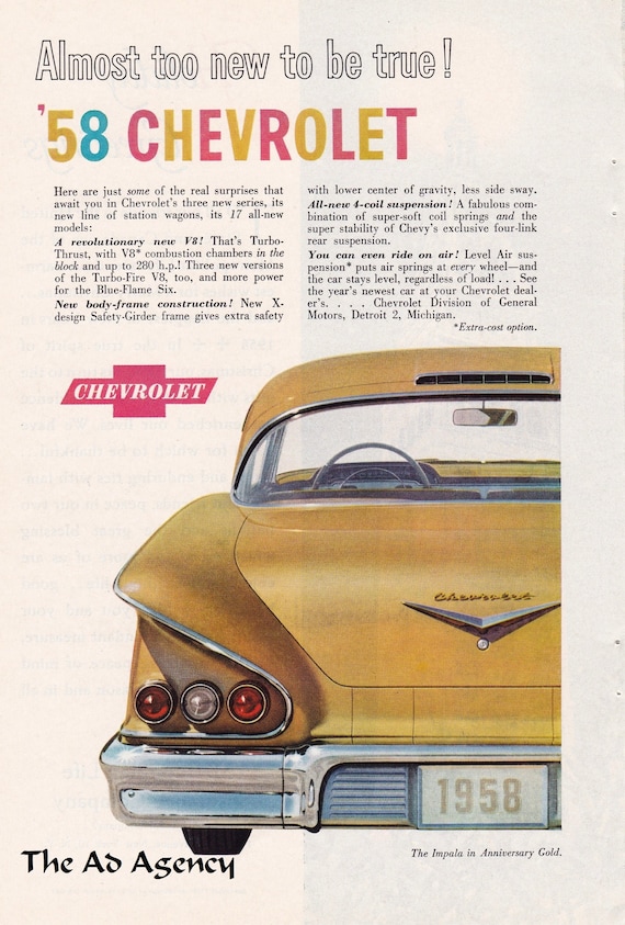 1958 Chevrolet Impala Anniversary Gold Magazine Advertisement - Etsy