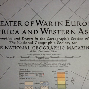 1942 Theater of War in Europe Africa and Western Asia Map/ National Geographic/ Cartography/ maps/ Allies/ Axis powers/ Military memorabilia