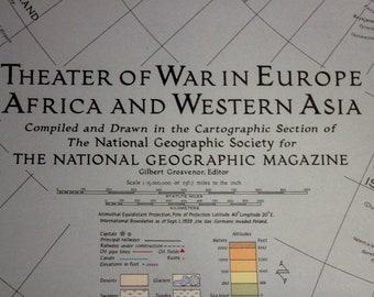 1942 Theater of War in Europe Africa and Western Asia Map/ National Geographic/ Cartography/ maps/ Allies/ Axis powers/ Military memorabilia