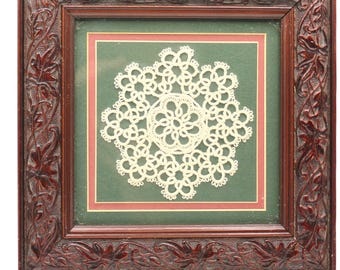 Vintage Framed Doily Wall Art, Off-White Lace on Deep Green Background