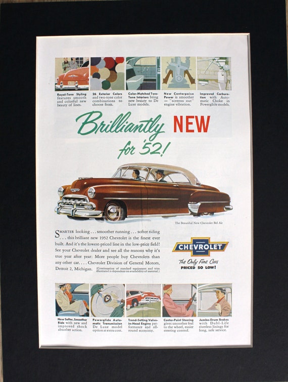 1952 Chevrolet Magazine Advertisement/vintage magazine advertising/automotive art/automobile decor/automobilia/cool men's gift