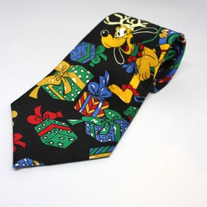 Pluto and Mickey Mouse Christmas tie Black background/ Vintage clothing/ Vintage cravat/ Disney Holiday tie/ Mickey and Friends tie