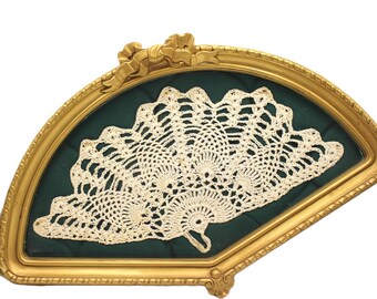 Vintage Framed Doily Wall Art, Off-White Lace on Deep Green Background