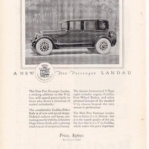 1924 Cadillac Five Passenger Landau Magazine Advertisement/vintage ad/automotive art/automobile decor/ cool men&#39;s gift/ auto history 1920&#39;s