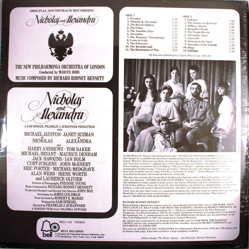 May include: A vintage vinyl record cover for the film "Nicholas and Alexandra" featuring a black and white photo of the cast. The cover includes the film's title, the names of the actors, and the film's production company.