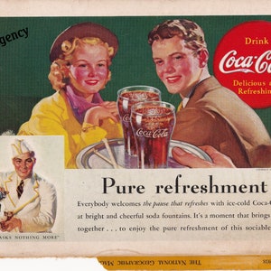 1938 Coca Cola &quot;Pure refreshment&quot; Ad -Coke /vintage ad / &quot;The pause that refreshes&quot;/cool men&#39;s gift/ cool women&#39;s gift