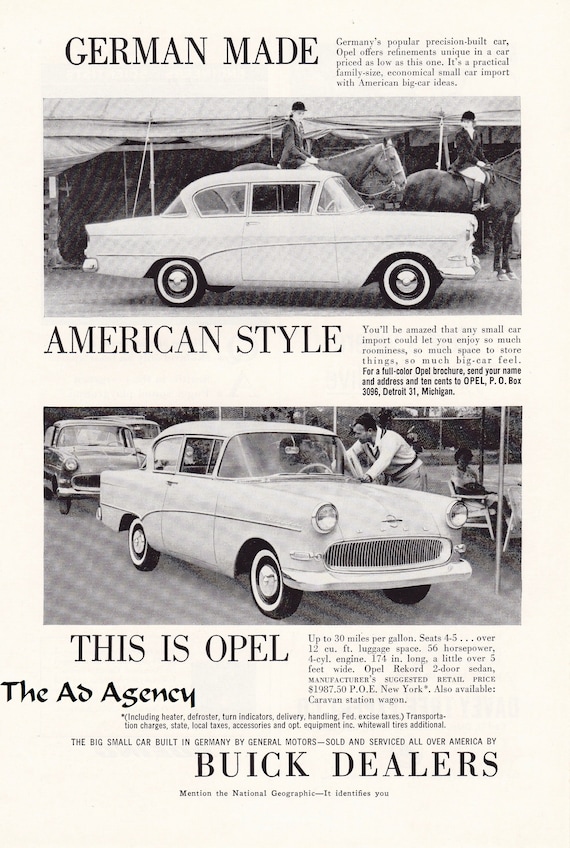 1959 Buick Opel Magazine Advertisement/German made car/ vintage magazine  ad/automotive art/automobile /automobilia/cool men's gift/1950's