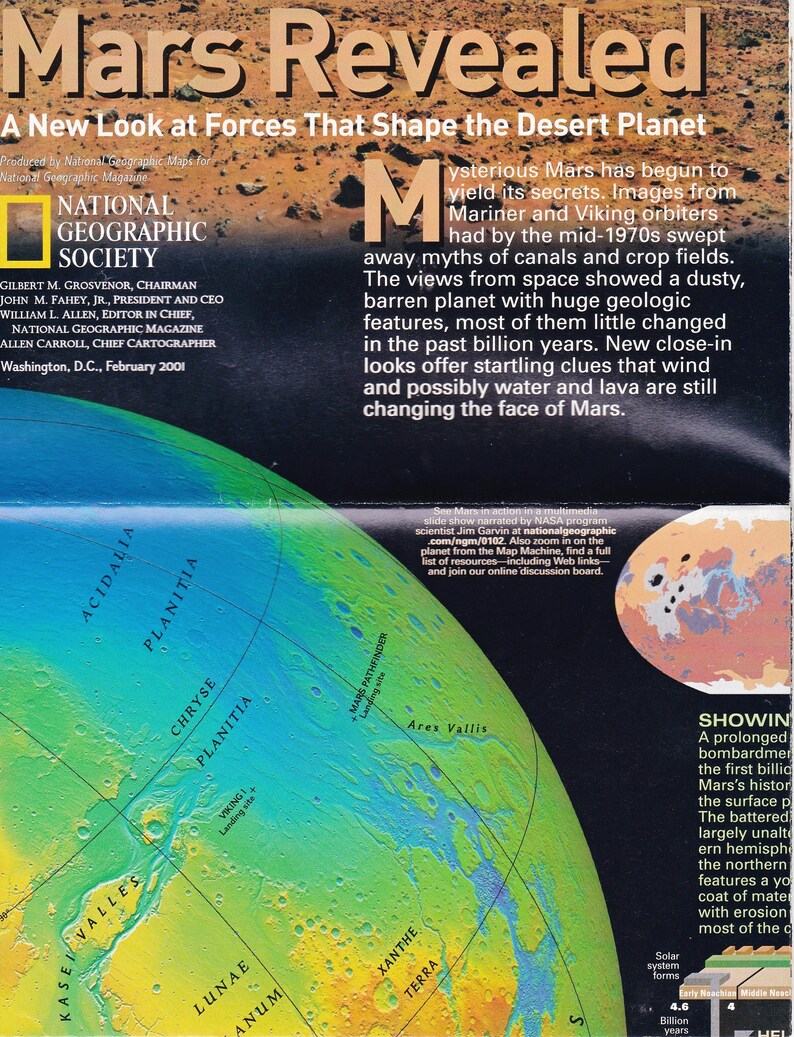 Mars Revealed Vintage Mapchart/ National Geographic/ Solar System