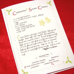 Cartão de receita de biscoitos de açúcar de Natal - cartão de arte de caligrafia 5 x 7, cartão de Natal, interior em branco, cartão de arte de comida, cartão de receita ilustrado