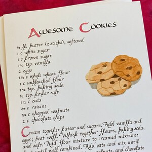 Carte de recette de biscuits impressionnants -- Carte d’art de calligraphie 5 X 7, Salutation à l’intérieur, Carte de vœux de recette illustrée, Recette de biscuits de calligraphie