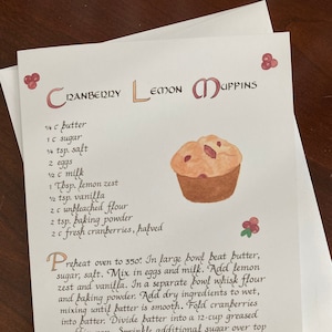 5 X 7 Calligraphy Art Card Greeting Card Cranberry Lemon Muffins Recipe Illustrated Recipe Card Blank inside Food Art Card