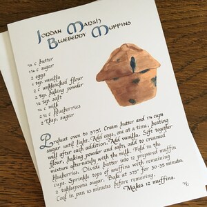 Jordan Marsh Blueberry Muffins Recipe Card -- Carte d’art calligraphique 5 « X 7 », Vierge à l’intérieur, Carte de vœux, Carte d’art alimentaire, Recette illustrée