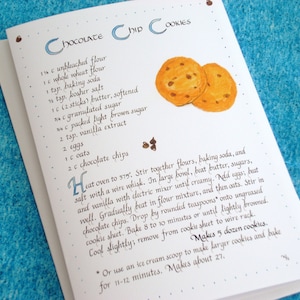 Carta di ricetta per biscotti con gocce di cioccolato - Carta di arte calligrafica 5 X 7, Interno vuoto, Biglietto di auguri di ricetta, Ricetta di biscotti illustrata, Arte alimentare