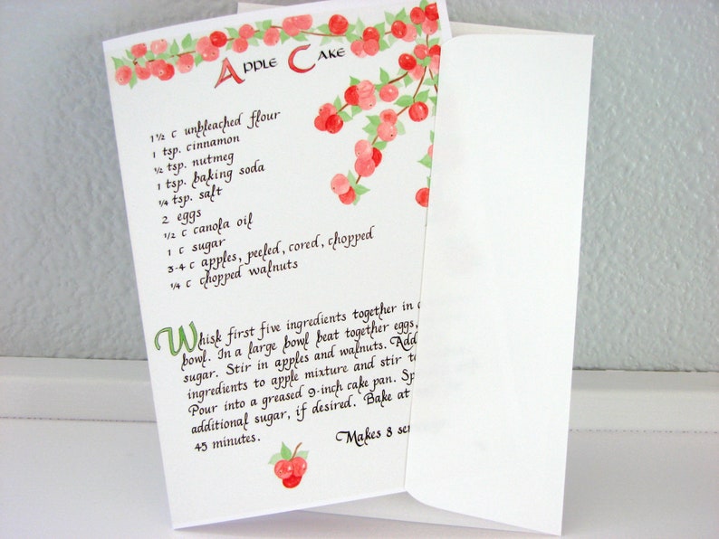 Apple Cake Recipe Card 5 X 7 Calligraphy Art Card, Blank Inside, Recipe Greeting Card, Apple ...