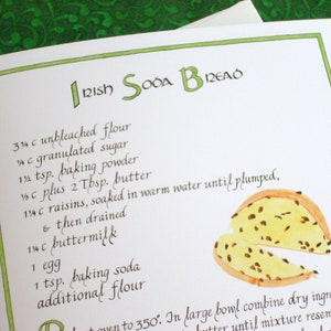 Cartão de receita de pão de refrigerante irlandês - cartão de arte de caligrafia 5 x 7, interior em branco, cartão de felicitações, receita ilustrada de pão de refrigerante, dia de São Patrício
