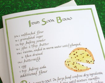 Irish Soda Bread Recipe Card -- 5 X 7 Calligraphy Art Card, Blank inside, Greeting Card, Illustrated Soda Bread Recipe, St. Patrick's Day