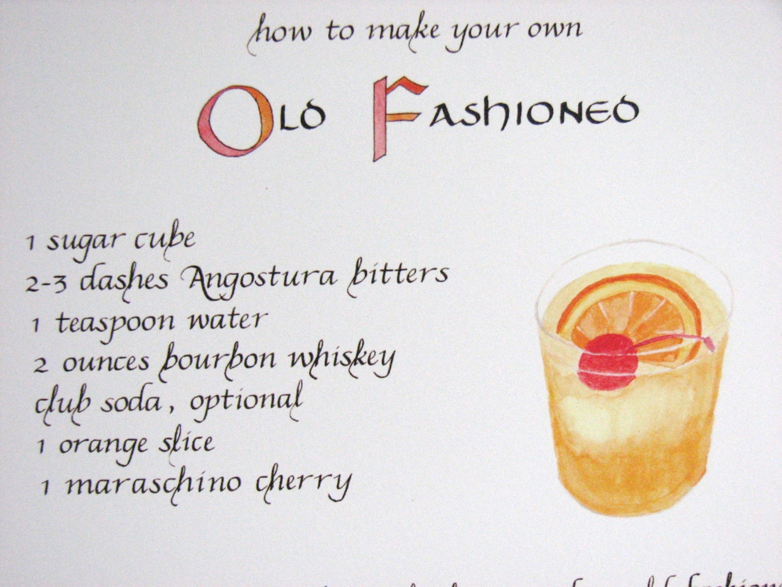 Old fashioned cocktail recipe calligraphy art print bar etsy