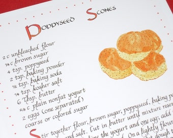 Poppyseed Scones Recipe Print -- Calligraphy Art Print, Kitchen Decor, Food Art, Calligraphy Recipe, Kitchen Art Recipe, Illustrated Recipe