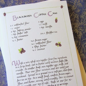 Blackberry Coffee Cake Recipe Card -- 5 X 7 Calligraphy Art Card, Blank inside, Recipe Greeting Card, Fruit Illustrated Card, Food Art Card