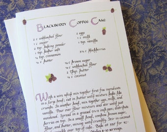 Blackberry Coffee Cake Recipe Card -- 5 X 7 Calligraphy Art Card, Blank inside, Recipe Greeting Card, Fruit Illustrated Card, Food Art Card