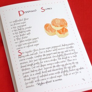 Cartão de receita de scones Poppyseed - cartão de arte de caligrafia 5 x 7, interior em branco, cartão de receita ilustrado, cartão de arte de comida, cartão de scones