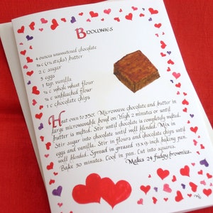 Carte de recette de brownies--carte d'art de calligraphie 5 X 7, blanc à l'intérieur, carte de la Saint-Valentin, carte d'art alimentaire, carte illustrée de coeur, recette de chocolat