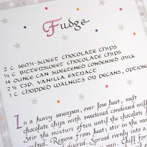 Impressão de receita de Fudge – Impressão de arte de caligrafia, receita ilustrada com estrelas, decoração de cozinha, receita de caligrafia, arte de cozinha, receita de chocolate