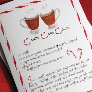 Candy Cane Cocoa Recipe Card - 5 X 7 Calligraphy Art Card, Cartolina di Natale, Vuoto all'interno, Cartolina d'auguri di Candy Cane, Carta di cioccolata calda