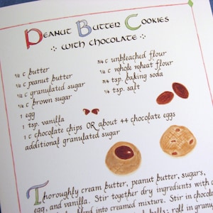 Biscoitos de manteiga de amendoim com cartão de receita de chocolate - cartão de arte de caligrafia 5 x 7, interior em branco, cartão de receita, biscoitos ilustrados