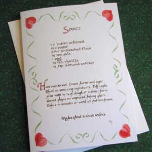 Cartão de receita Spritz - cartão de arte de caligrafia 5 x 7, interior em branco, cartão de felicitações de receita, cartão ilustrado, cartão de Natal, receita de biscoito