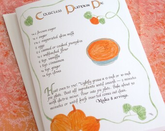 Crustless Pumpkin Pie Recipe -- 5 X 7 Calligraphy Art Card, Blank inside, Thanksgiving Card, Greeting Card, Food Art Card, Illustrated Card