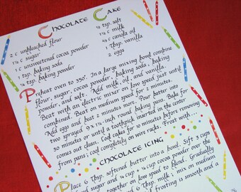 Chocolate Cake & Chocolate Icing Recipe Print -- Calligraphy Art Print, Kitchen Decor, Calligraphy Recipe, Birthday Cake, Illustrated Recipe