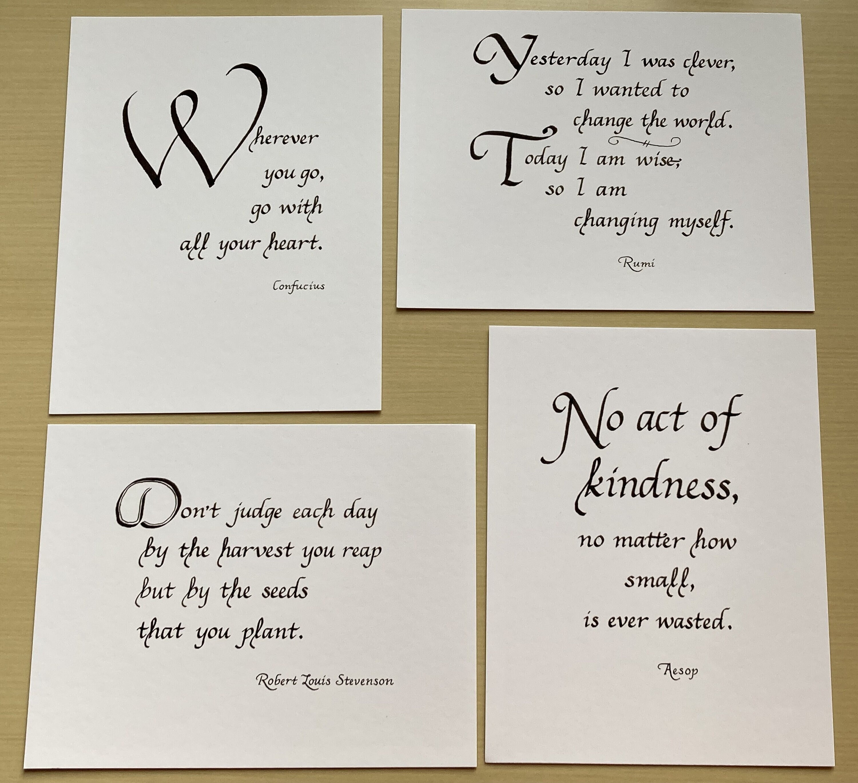 Four Inspirational Quotes Calligraphy Prints -- 5.5" x 4.25" -- Quotes by Confucius, Aesop, Rumi, Robert Louis Stevenson