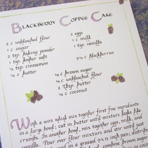 Blackberry Coffee Cake Recipe Print -- Calligraphy Art Print, Illustrated Fruit, Blackberry Recipe, Kitchen Decor, Food Art, Kitchen Art