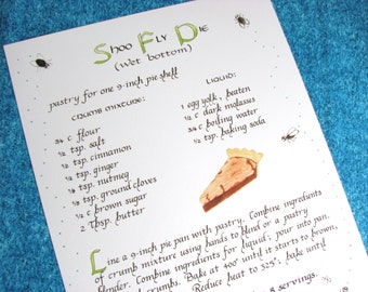 Shoo Fly Pie (wet bottom) Recipe -- Calligraphy Art Print, Kitchen Decor, Food Art, Illustrated Recipe, Pennsylvania Dutch, Kitchen Art