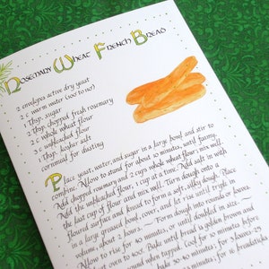 Carte de recette de pain français de blé au romarin -- carte d'art de calligraphie 5 X 7, intérieur vierge, carte de voeux de recette, carte d'art culinaire, recette illustrée