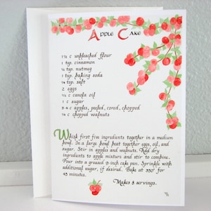 Carte de recette de gâteau aux pommes -- Carte d’art de calligraphie 5 X 7, Vierge à l’intérieur, Carte de vœux de recette, Carte d’illustration de pomme, Carte d’art alimentaire