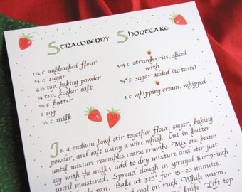 Strawberry Shortcake Recipe Print -- Calligraphy Art Print, Illustrated Fruit, Strawberry Recipe, Kitchen Decor, Food Art, Kitchen Art