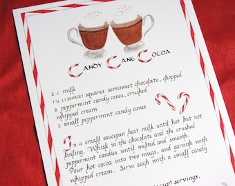 Candy Cane Cocoa Recipe -- Calligraphy Art Print, Christmas Kitchen Art, Kitchen Decor, Food Art, Calligraphy Recipe, Illustrated Recipe