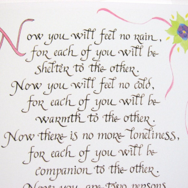 Wedding Calligraphy Card -- Apache Wedding Prayer, card size 5 X 7 inches, blank inside