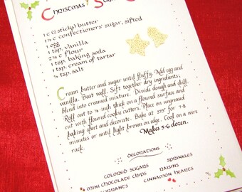 Christmas Sugar Cookies Recipe -- 5 X 7 Calligraphy Art Card, Christmas Card, Blank inside, Food Art Card, Illustrated Recipe Greeting Card