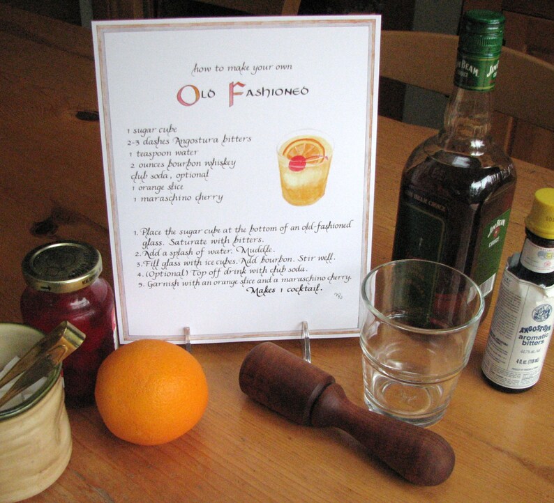 Old Fashioned Cocktail Recipe Calligraphy Art Print Bar Etsy