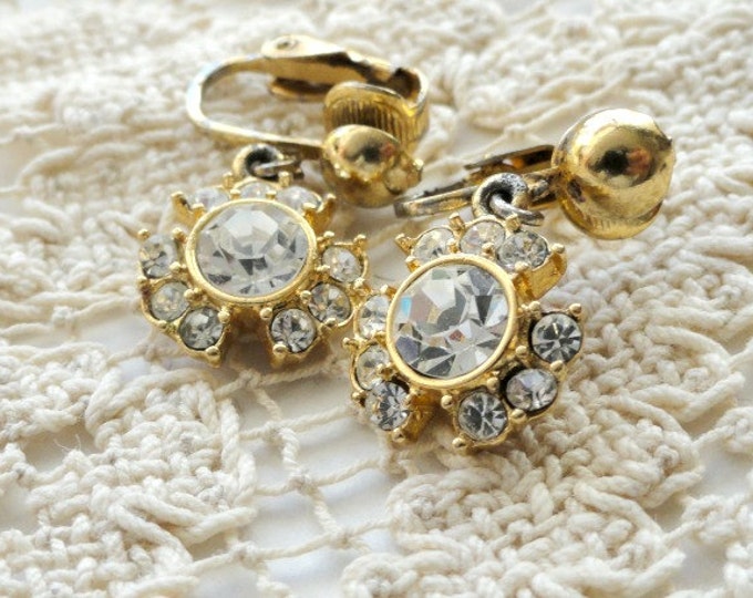 Vintage Rhinestone Earrings, Gold, Clip On, Dangling, Round, Costume