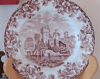 Antique Brown Transferware Copeland Spode 1880s Castle Ruins Pattern w/ Oak Leaf & Acorn Border 10 Inch Dinner Plate - Stoke On Trent Signed