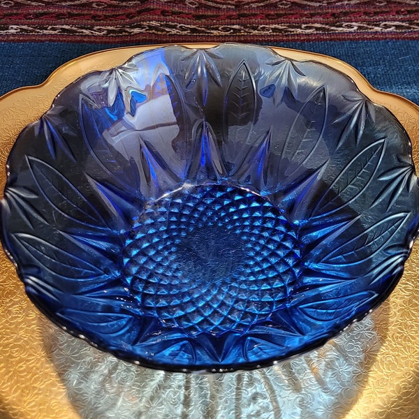 Two Royal Sapphire Cobalt Blue  Glass 6 Inch Bowls - Raised Leaf Pattern w/ Scalloped Edge - Avon Discontinued Pattern Salad/Serving