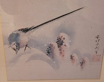 Print of Hokusai Painting Sekirei (wagtail) Searching for Food in Snow - Framed Japanese Art  w/ Artist's Stamp