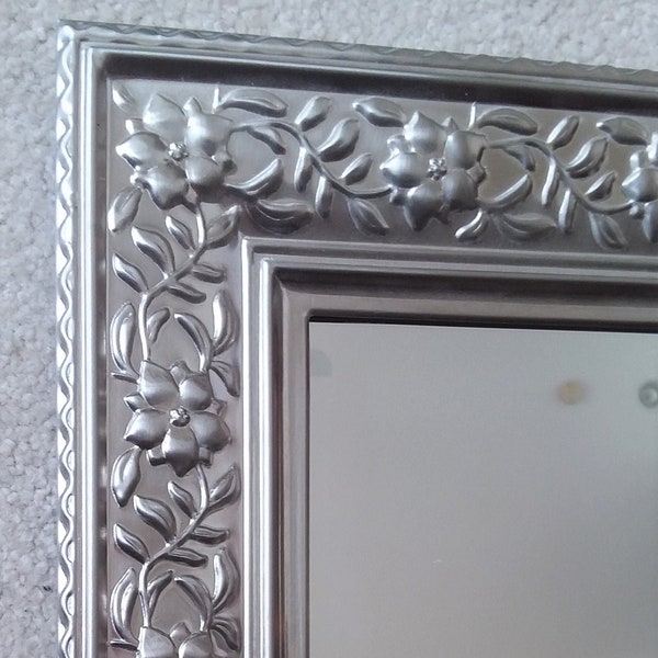 Mirror - Vintage Embossed Floral & Vine Silverplate Framed Mirror - Easel Table Top Vanity Mirror - Portrait or Landscape - Mirror 8 X 10